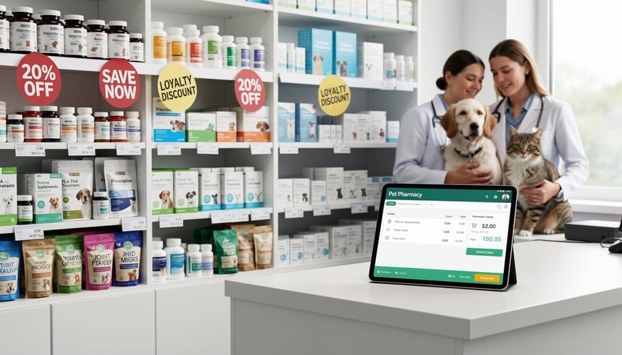 Close-up of dog health products like medication and flea prevention bottles arranged on a table