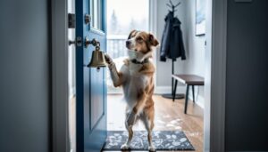 A medium-sized dog standing by an apartment door and nudging a hanging bell at nose height to indicate it needs to go outside.