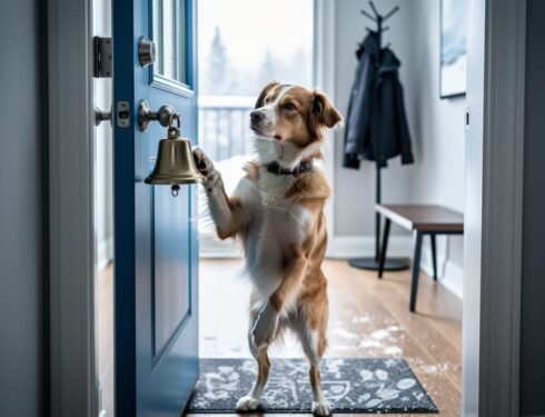 A medium-sized dog standing by an apartment door and nudging a hanging bell at nose height to indicate it needs to go outside.