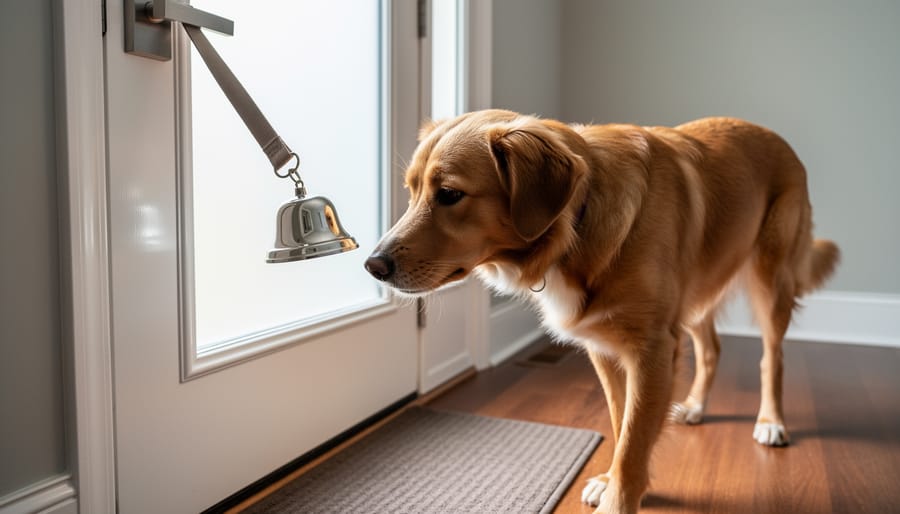 A small dog sniffing a hanging potty-training bell beside an interior door.