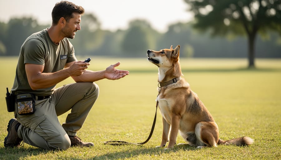 Dog trainer guiding a dog with a clicker and treat lure during an outdoor training session