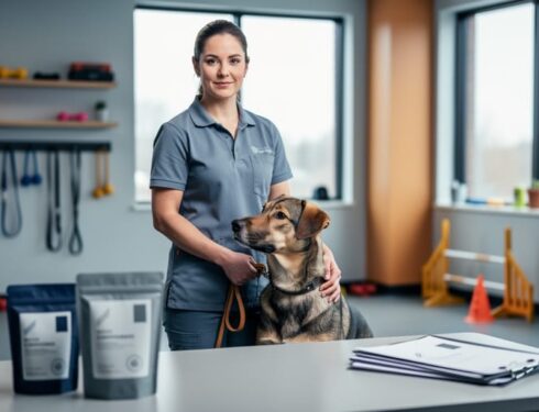 A dog trainer in a modern studio holding a leashed dog while organizing professional training materials and treat supplies, representing choosing dog training certification online.