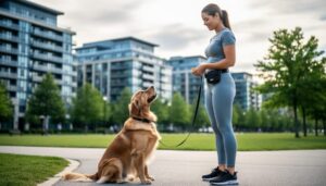 A dog trainer in an Etobicoke park rewards a sitting golden retriever with a treat during professional positive reinforcement training.