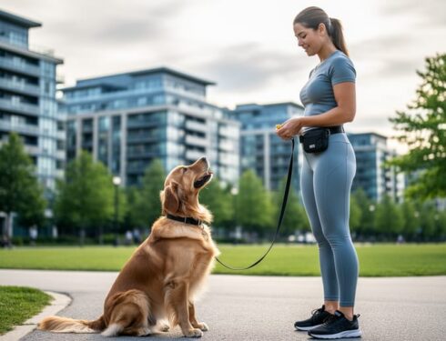 A dog trainer in an Etobicoke park rewards a sitting golden retriever with a treat during professional positive reinforcement training.