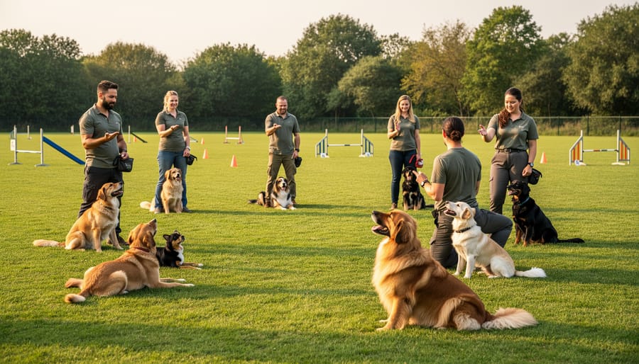 Owners and dogs seated during an indoor group training session with a trainer nearby