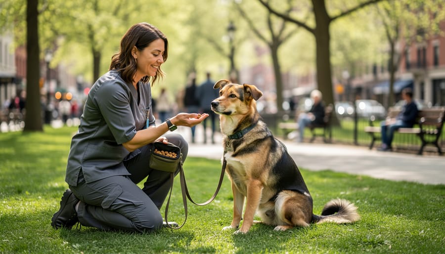 Trainer kneeling in a park offering treats to a dog while the owner holds the leash