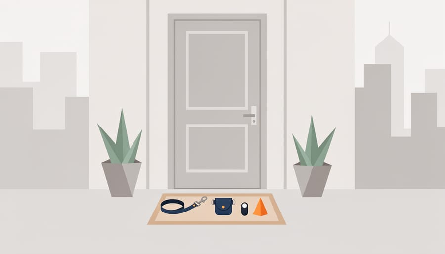 Dog walker and dog with training gear on a doorstep mat in an evening neighborhood