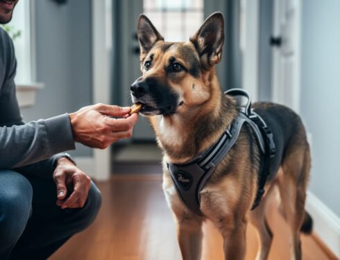 A kneeling owner gently offers a treat to a harnessed dog in a quiet hallway, showing calm reassurance for relationship-based training.