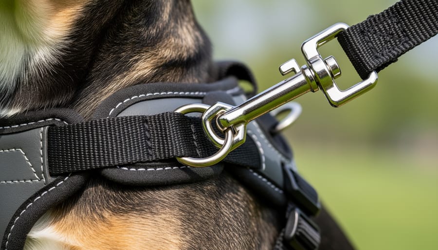 Close-up of a dog leash clip attached to a harness in a person’s hand