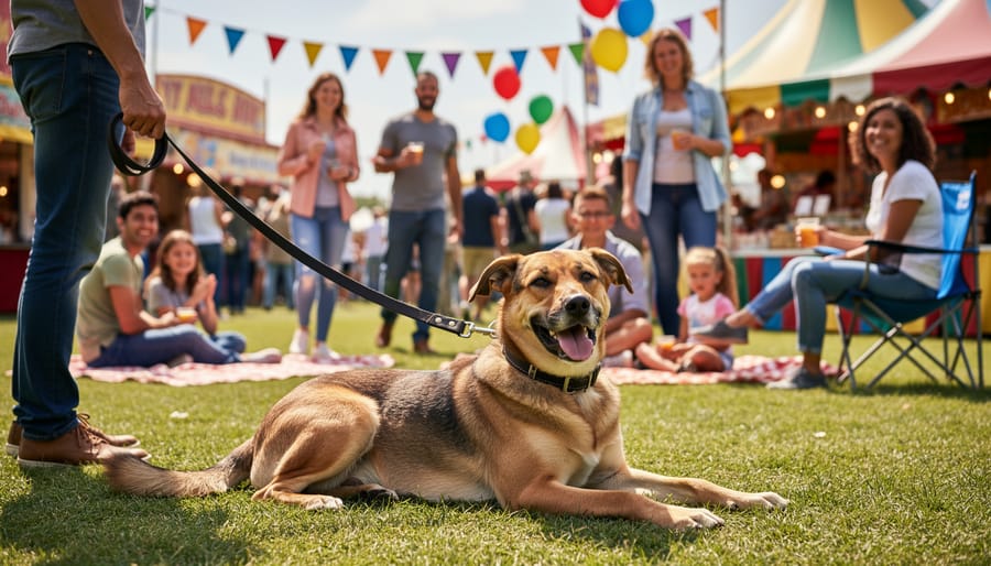 A leashed dog watching attentively beside a family at a PAW Patrol, themed outdoor event.