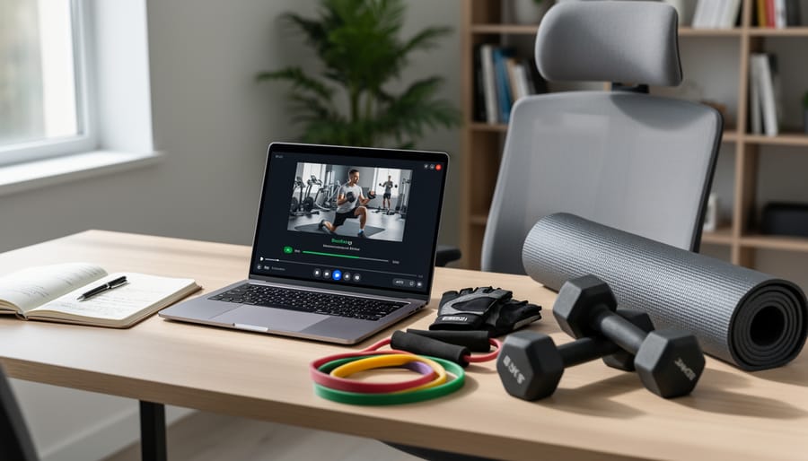 Laptop and training tools set up for online dog training learning at a home desk