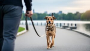 Dog walking calmly on a loose leash beside an Ottawa pet owner, with the leash forming a gentle J-shape on a quiet path near the Rideau Canal area.