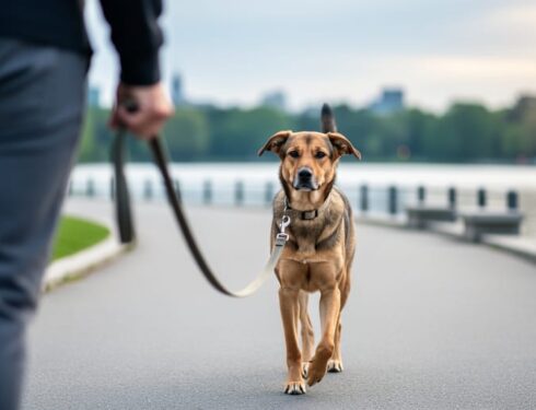 Dog walking calmly on a loose leash beside an Ottawa pet owner, with the leash forming a gentle J-shape on a quiet path near the Rideau Canal area.