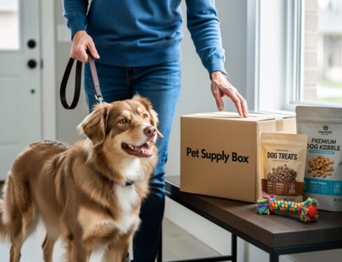 An Ottawa dog owner holding a leash next to a dog and pet essentials packages in a bright home entryway.