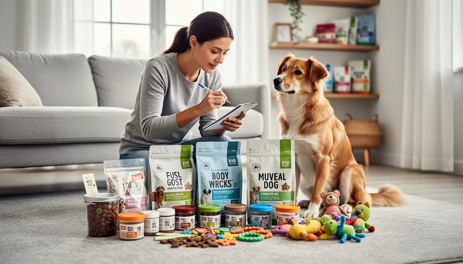 Ottawa dog owner holding pet supplies including kibble and treats while walking a dog on a leash