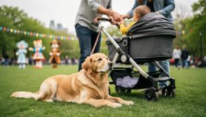 Leashed golden retriever resting calmly beside an Ottawa family at a festive outdoor park event, with softly blurred character-costume figures in the background.