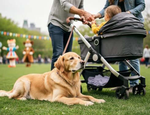 Leashed golden retriever resting calmly beside an Ottawa family at a festive outdoor park event, with softly blurred character-costume figures in the background.