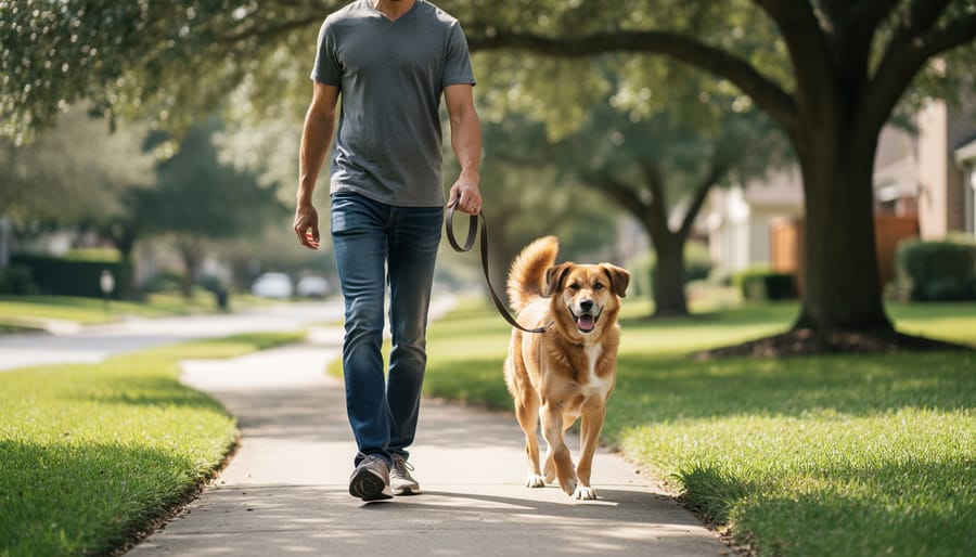Ottawa dog owner walking a small dog on a leash with slack in a calm, relaxed posture
