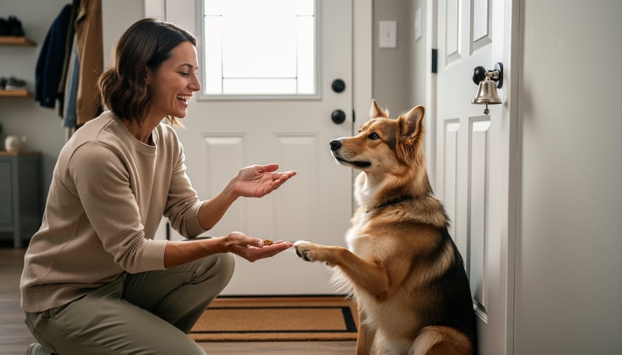 A person offers a treat while a dog’s paw reaches toward a potty-training bell button near a door.
