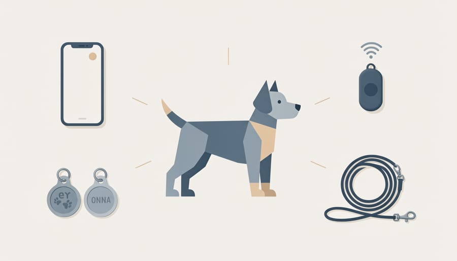 Pet ID tag and leash on a porch next to a smartphone screen with no readable text.