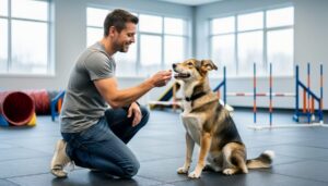 Adult pet owner kneeling and rewarding a well-behaved dog with a treat during positive reinforcement training in an indoor facility.