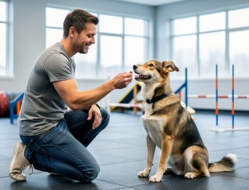 Adult pet owner kneeling and rewarding a well-behaved dog with a treat during positive reinforcement training in an indoor facility.