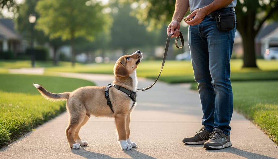 Puppy looking up at an owner for a treat during leash training on a park path