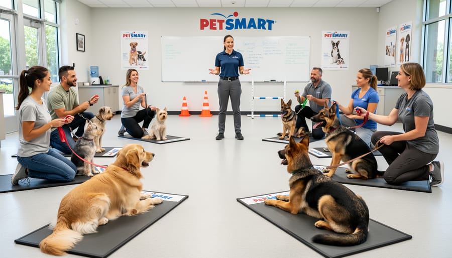 A puppy and owners participating in a positive reinforcement dog training class indoors.