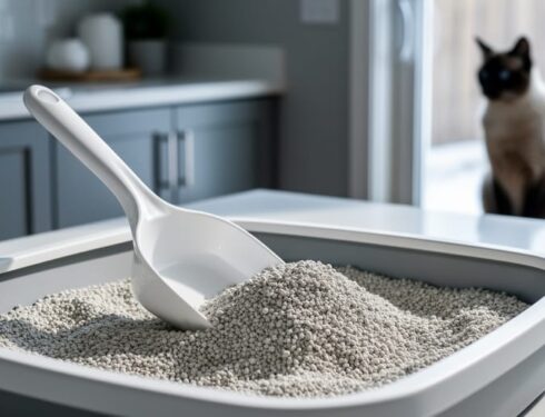 Close-up of a scoop over a cat litter box with clumping litter granules in a clean Canadian home setting.