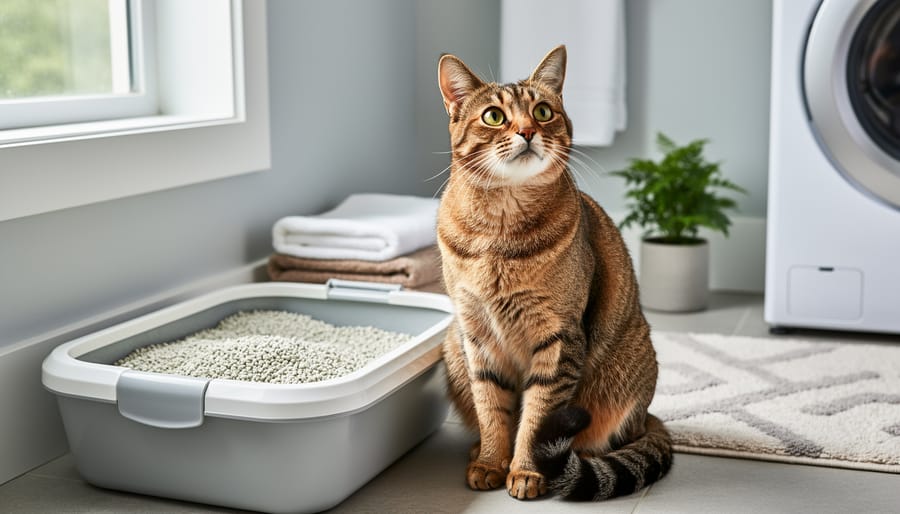 A cat beside a tidy litter box with a scoop resting nearby, showing clumping litter texture.