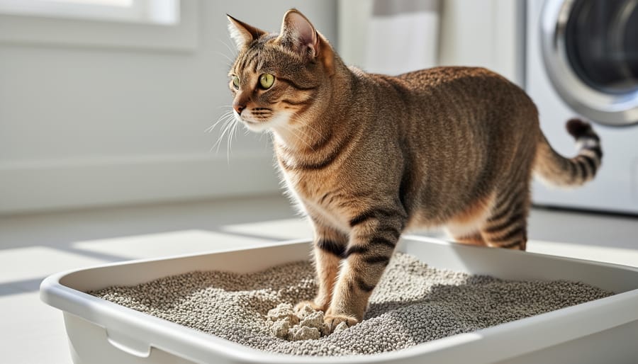 A cat standing beside an open litter box filled with clumping clay litter.
