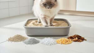 Fluffy cat paws in an open litter box, with a neat assortment of different cat litter material textures arranged nearby on a clean bathroom floor.