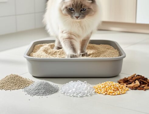 Fluffy cat paws in an open litter box, with a neat assortment of different cat litter material textures arranged nearby on a clean bathroom floor.