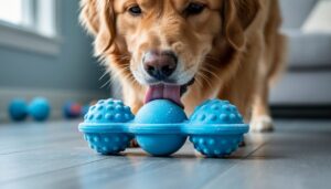 A dog enjoying a blue food-dispensing frozen treat toy during interactive enrichment at home.