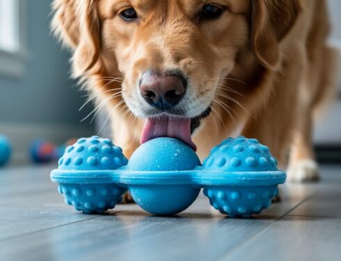 A dog enjoying a blue food-dispensing frozen treat toy during interactive enrichment at home.