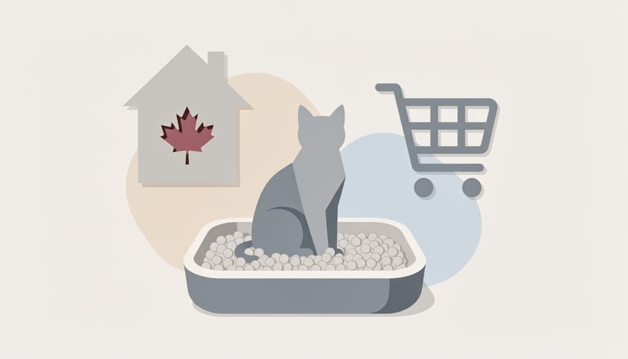 Studio scene showing clumping litter scoop and storage container in a clean, Canadian-inspired setting.
