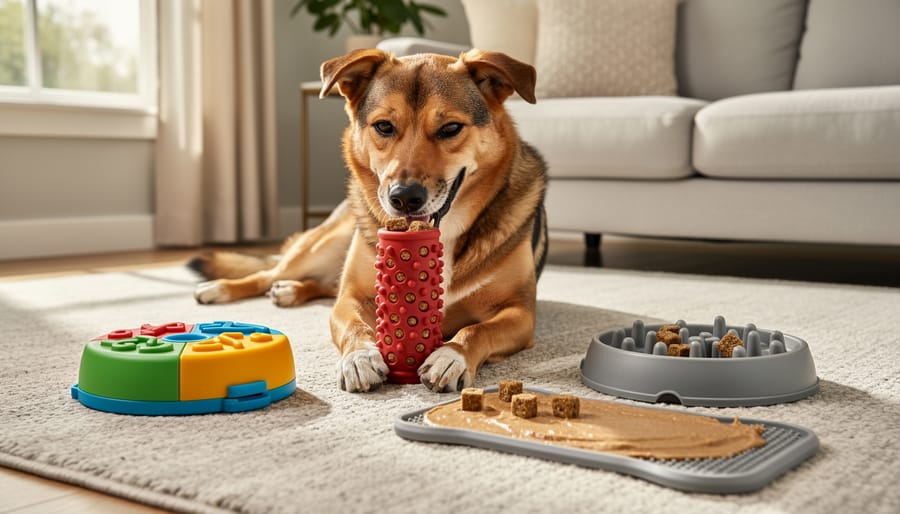 A dog outdoors chewing a Whimzees dental treat near a food-dispensing toy.