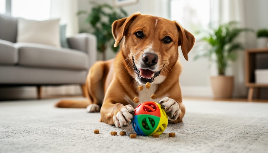 Golden retriever playing with a blue rubber food-dispensing toy in a living room