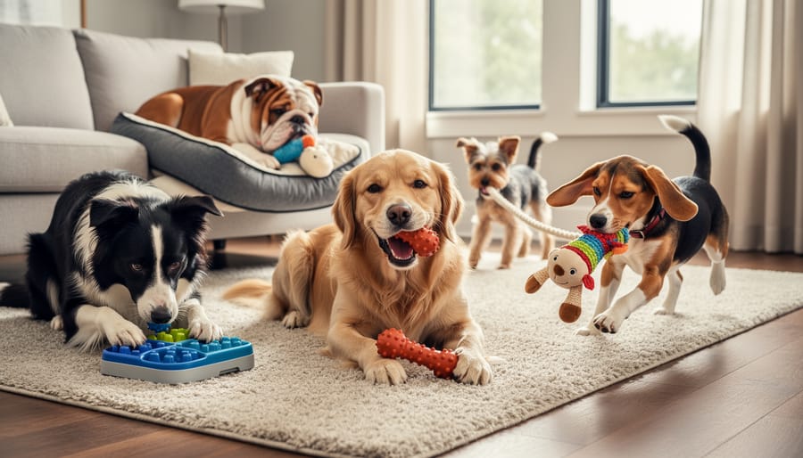 Several dogs interacting with different food-dispensing toys