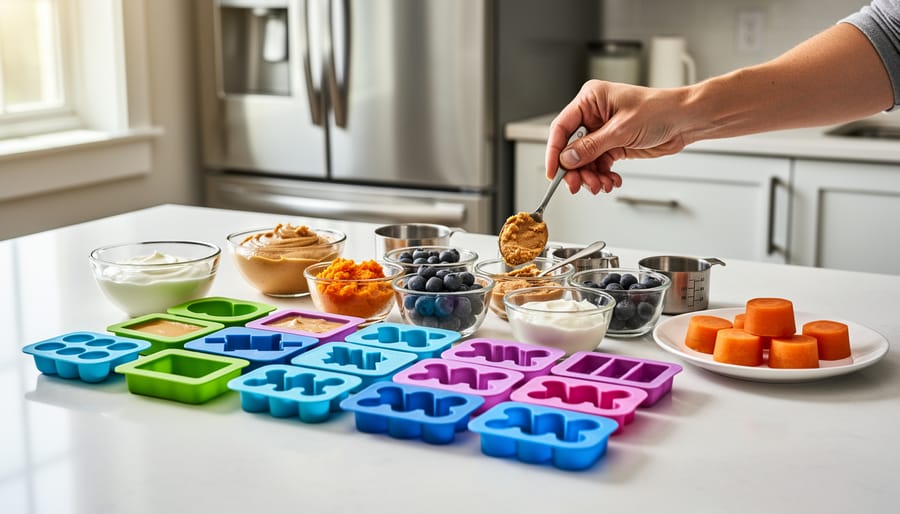 Freeze-and-fill treat tray and natural rubber balls on a kitchen counter