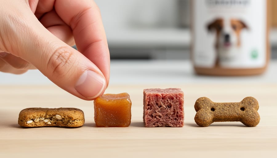 Macro view of a hand holding small dog treat pieces with treat bag and bowl softly blurred in the background