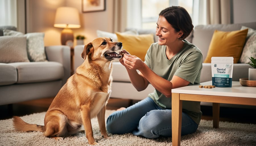 A dog sniffing Whimzees dental treats while an owner holds the treats in a home setting.