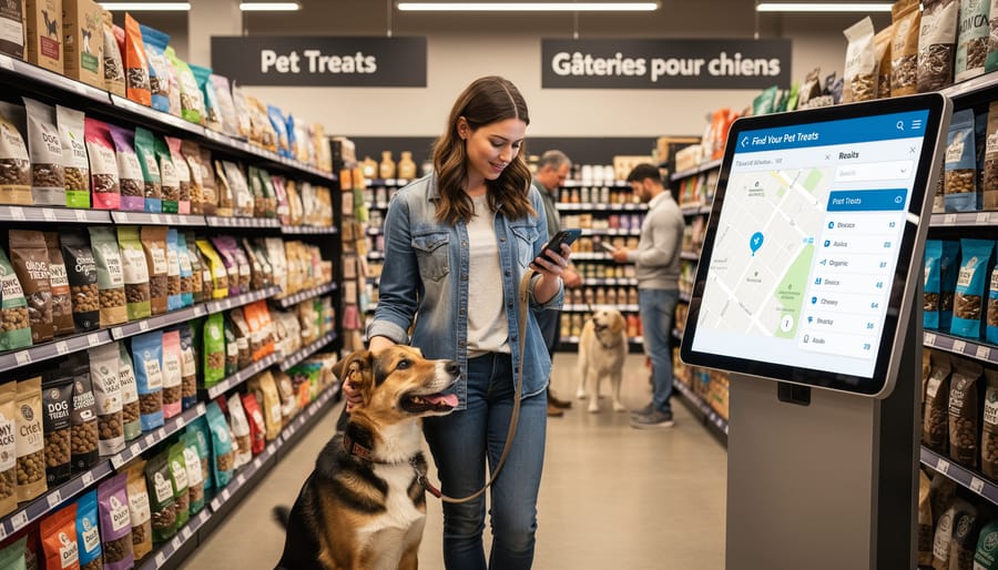 Dog owner browsing pet supplies in a retail store with a shopping cart and dog nearby
