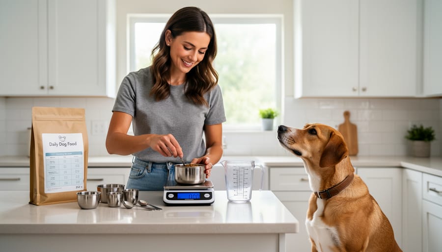 Owner measuring dog food beside a kitchen scale with their dog nearby