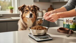 An owner measuring dog kibble with a scoop on a kitchen scale while their dog waits nearby at home.