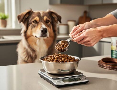 An owner measuring dog kibble with a scoop on a kitchen scale while their dog waits nearby at home.