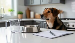 Dog near a pet food bowl and measuring cup on a kitchen counter, with a notebook and pen nearby, representing accurate calorie-based portioning.