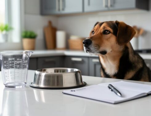 Dog near a pet food bowl and measuring cup on a kitchen counter, with a notebook and pen nearby, representing accurate calorie-based portioning.