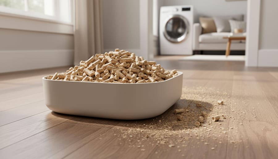 Pine pellet litter in a litter box with pellets near a floor mat in a home setting.