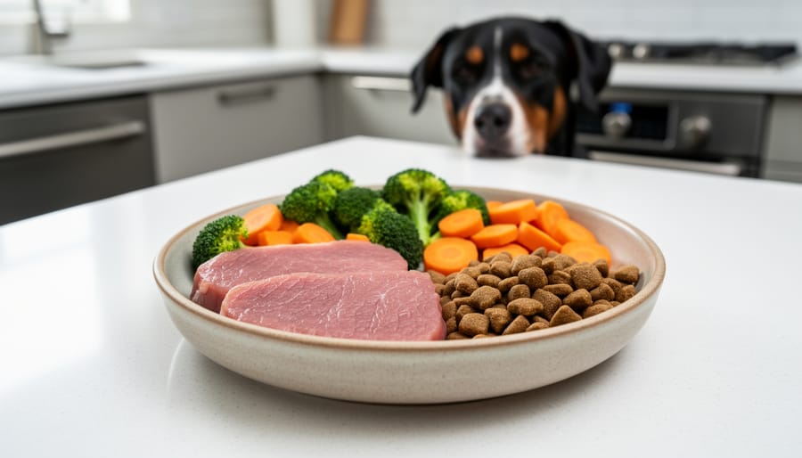 Close-up of portioned dog food in ceramic bowls on a kitchen floor